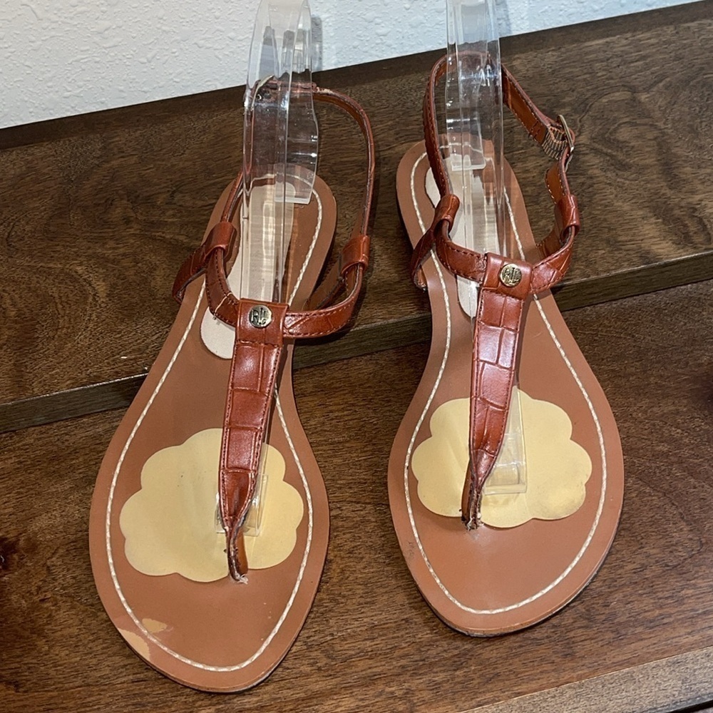 LRL Brown Alligator Print Leather & Gold Sandals Sz. 8